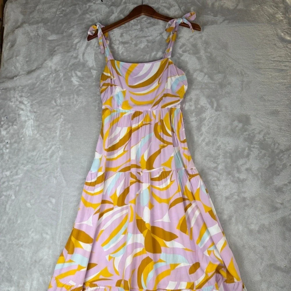 spring tiered midi dress print smocked bodice tie‎ straps lavender yellow
